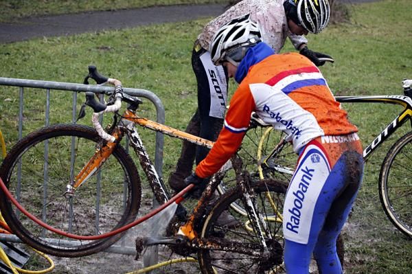 Defending world champion Marianne Vos hoses down her bike