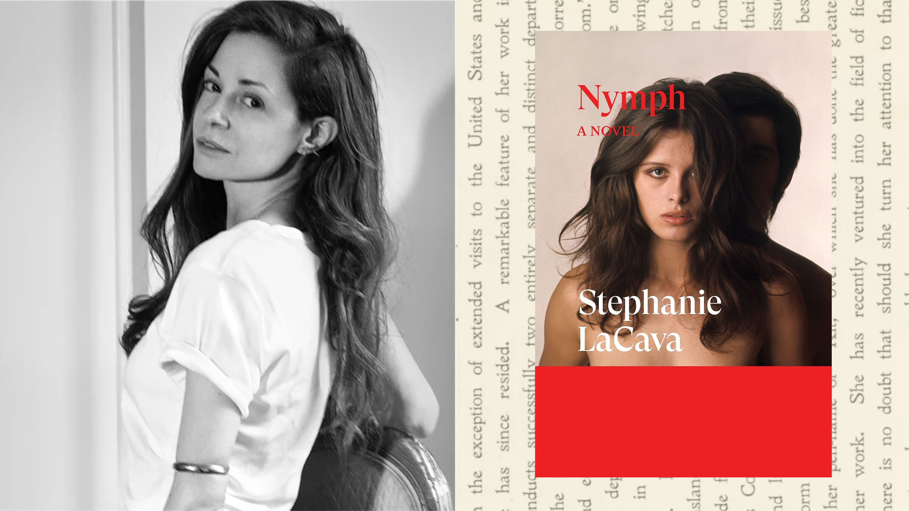 a headshot of author stephanie lacava in black and white and an image of her book nymph