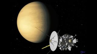 An artist's impression of NASA's Cassini spacecraft flying by Venus.