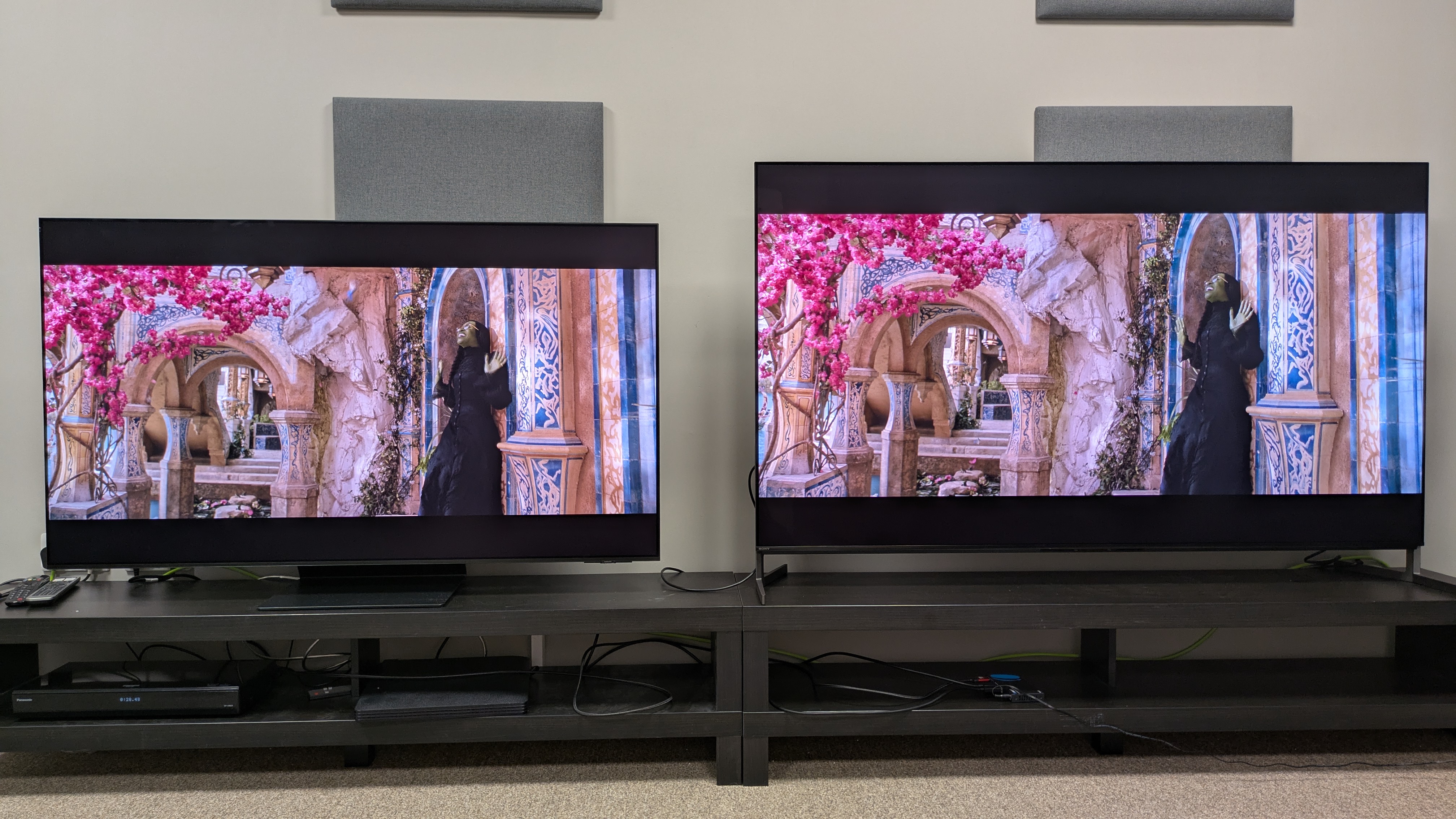 Samsung S95F (left) and Sony Bravia 8 II (right) showing Elphaba from Wicked on screen