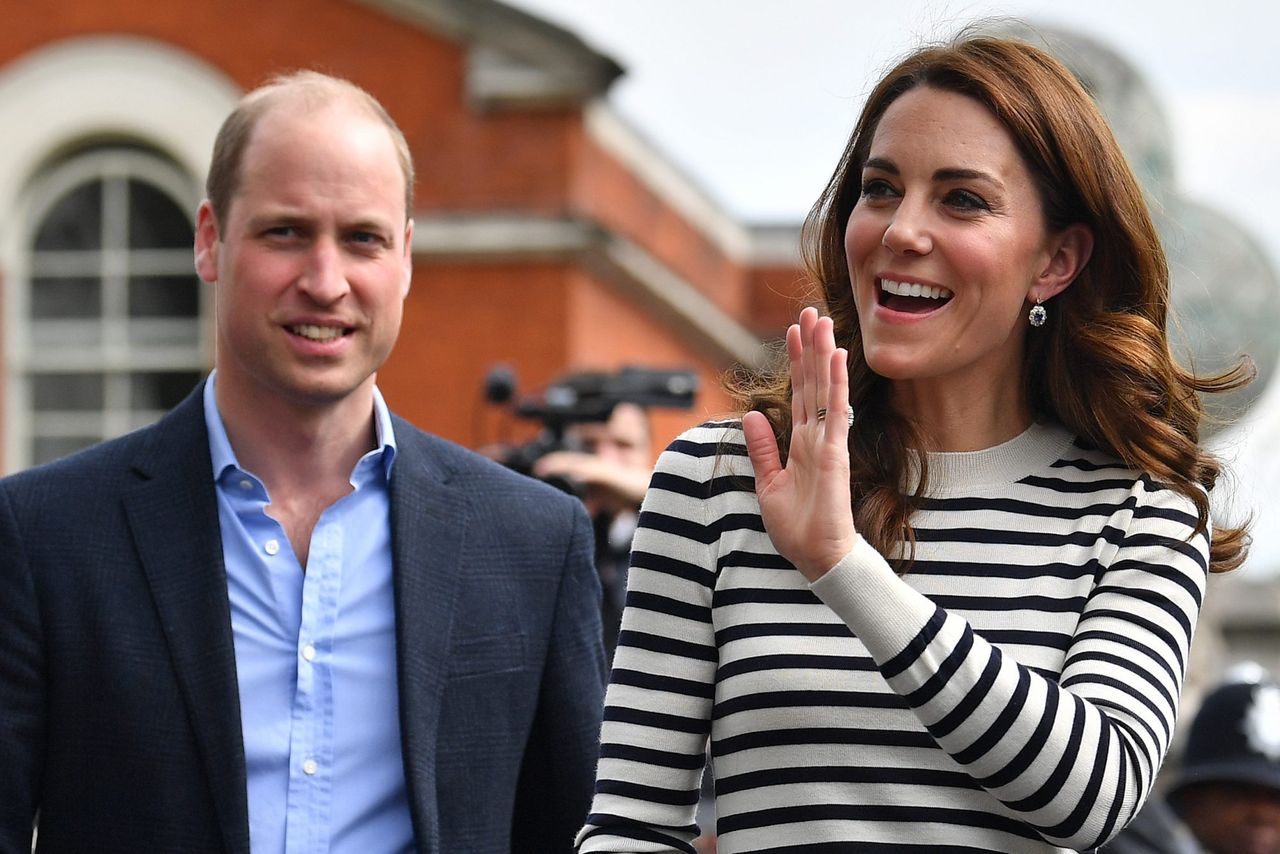 Catherine, Duchess of Cambridge and Prince William, Duke of Cambridge wave to well wishers as they leave after attending the launch of the King&#039;s Cup Regatta at Cutty Sark, Greenwich on May 7, 2019 in London, England.