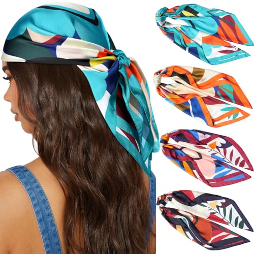 Awaytr 27.5&rdquo; Silk Satin Square Head Scarf - 4pcs Satin Head Scarves for Women Hair Kerchief Bandanas Sleeping Head Wraps (flower(blue/burgundy/black/orange))