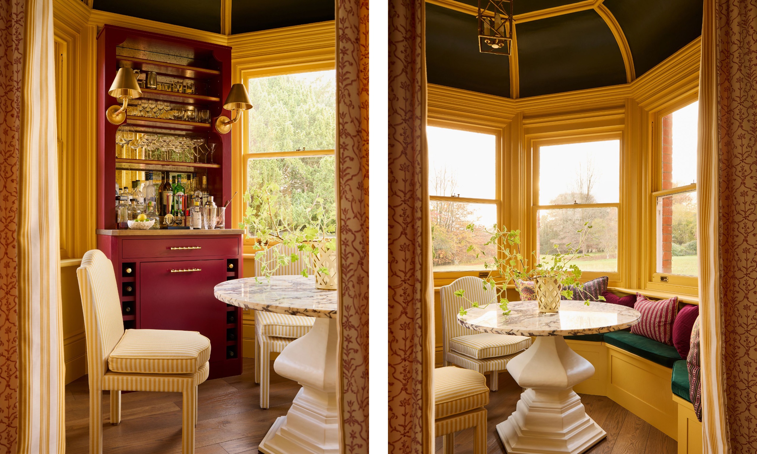 Two images of an octagonal bar room painted a rich yellow, with a burgundy bar, brass wall lights, curved banquette seating with dark green upholstery, a marble table, and a striped yellow chair.