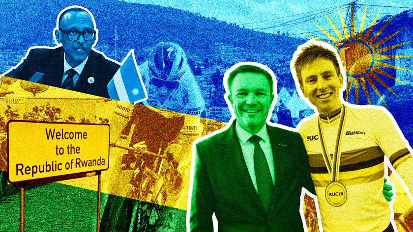 A collage of images of David Lappartient and Tadej Pogačar, Paul Kagame and Kim Le Court, set against the colours of the Rwandan flag