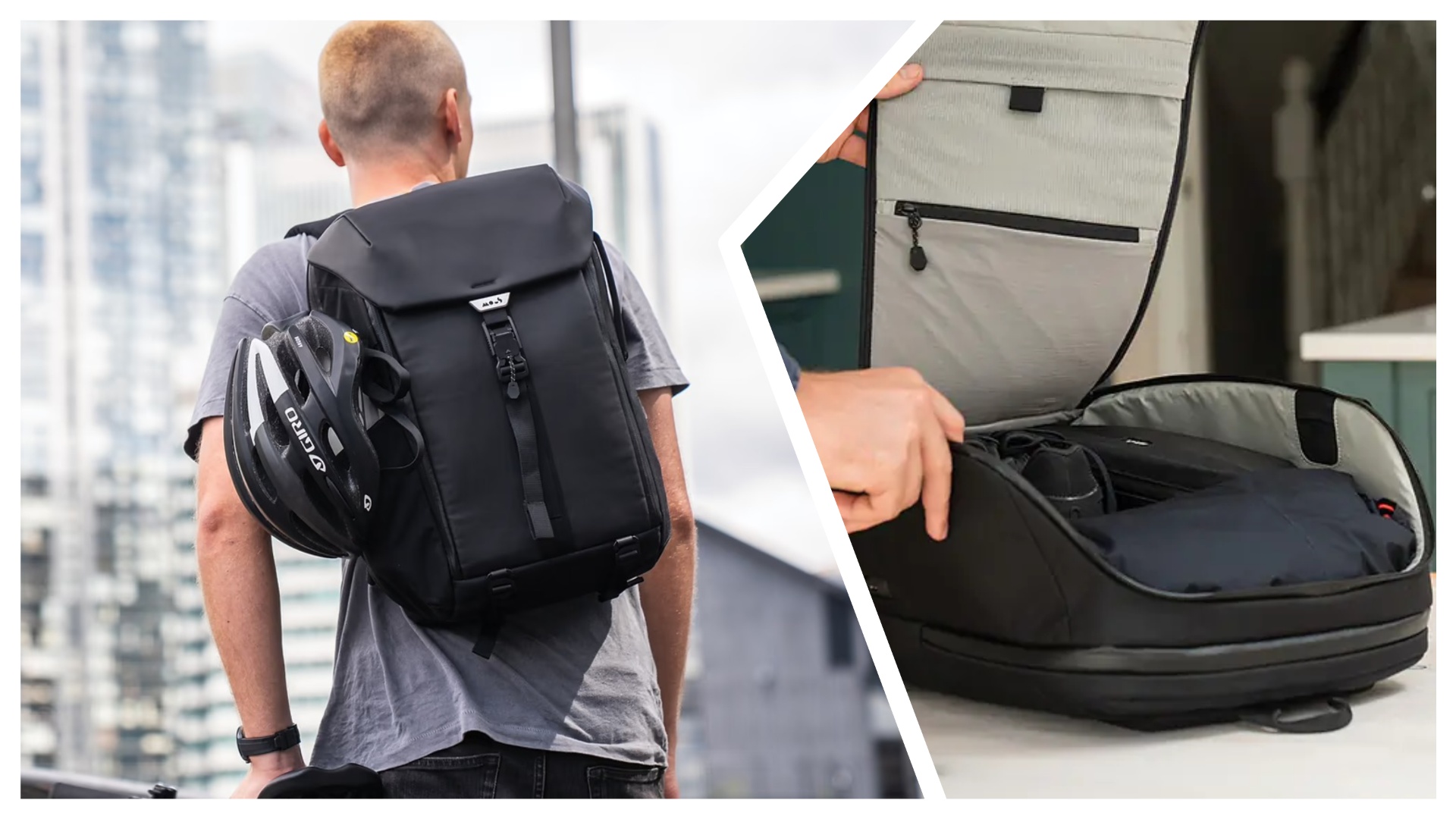 Mous Extreme Commuter backpack worn by a model, and shown open.