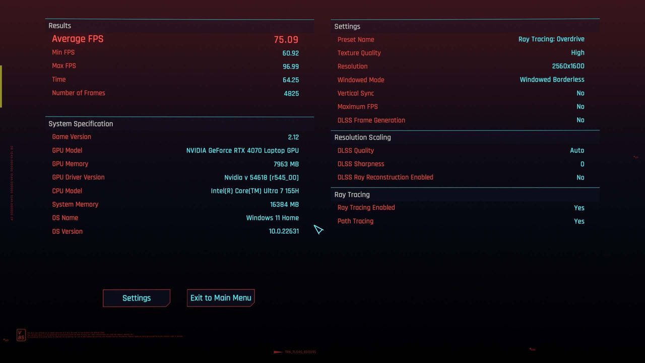 Alienware m16 R2 gaming laptop Cyberpunk benchmark ray tracing overdrive settings.