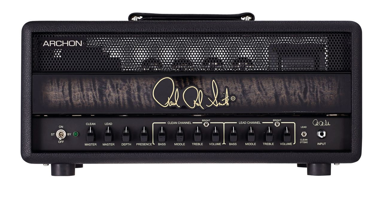The Archon's no-frills design is pure PRS, with a large gold badge sat on a charcoal-burst flamed maple fascia trim