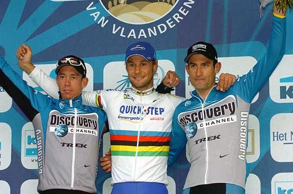 The podium (L to R): Leif Hoste (2nd), Tom Boonen (1st) and George Hincapie (3rd)