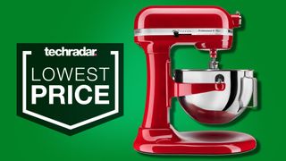 The KitchenAid Professional 5 Plus stand mixer next to a sign saying Lowest Price