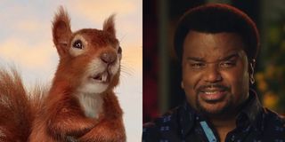 Kevin, a squirrel, left, is voiced by Craig Robinson, right, in Dolittle