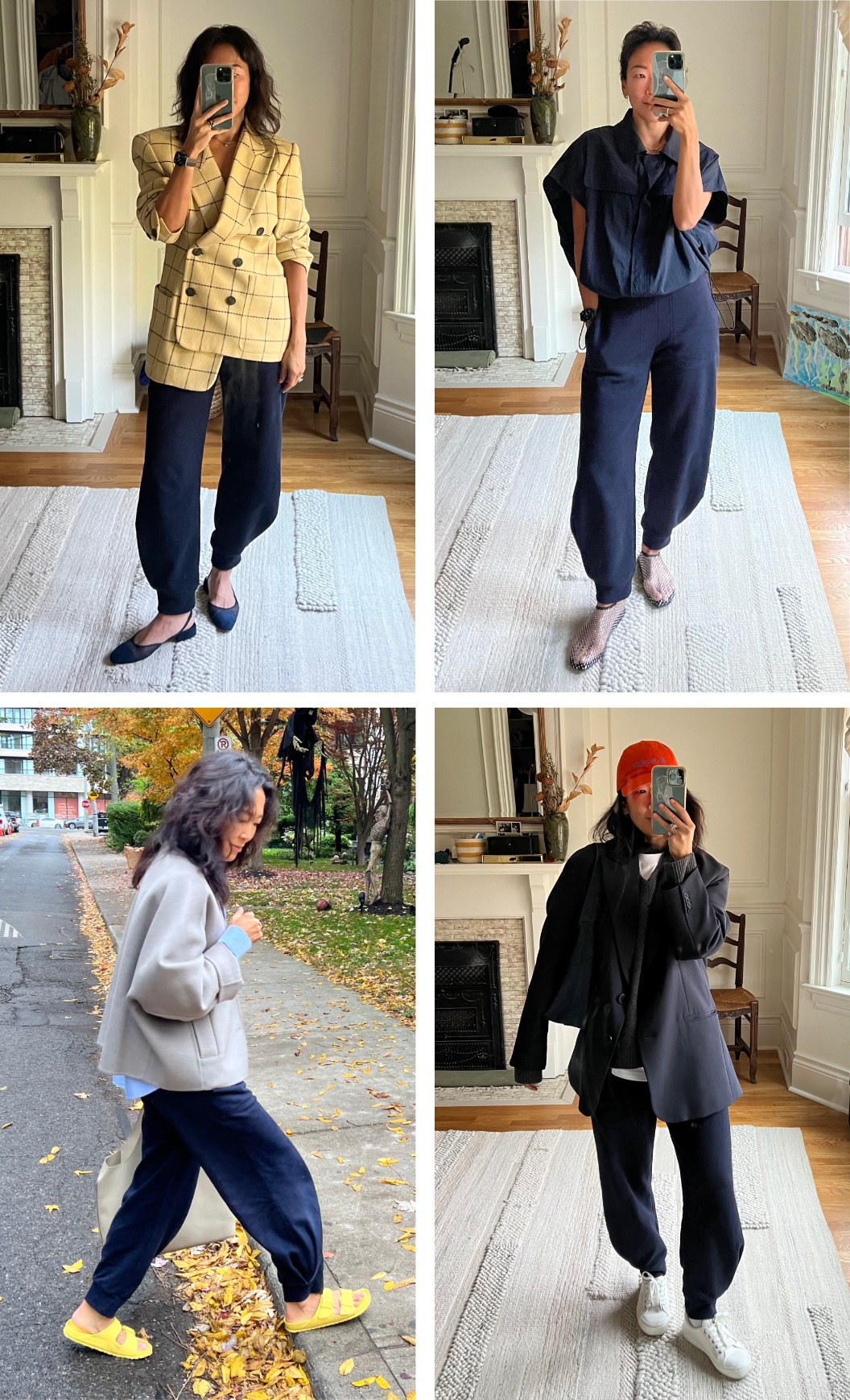 Irene Kim wearing a yellow blazer, tibi joggers, and ballet flats; Irene Kim wearing a blue blouse, tibi joggers, and flats; Irene Kim wearing a blazer, tibi joggers, and slides, Irene Kim wearing a blazer, tibi joggers, and sneakers
