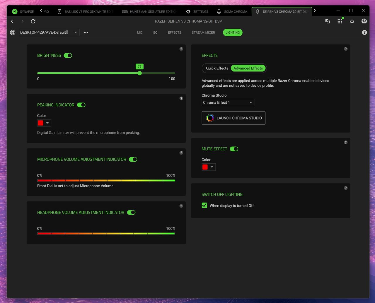 Screenshot of Razer Synapse software displaying Lighting settings for the Seiren V3 Chroma, including brightness sliders, indicator toggles, and Chroma effects.