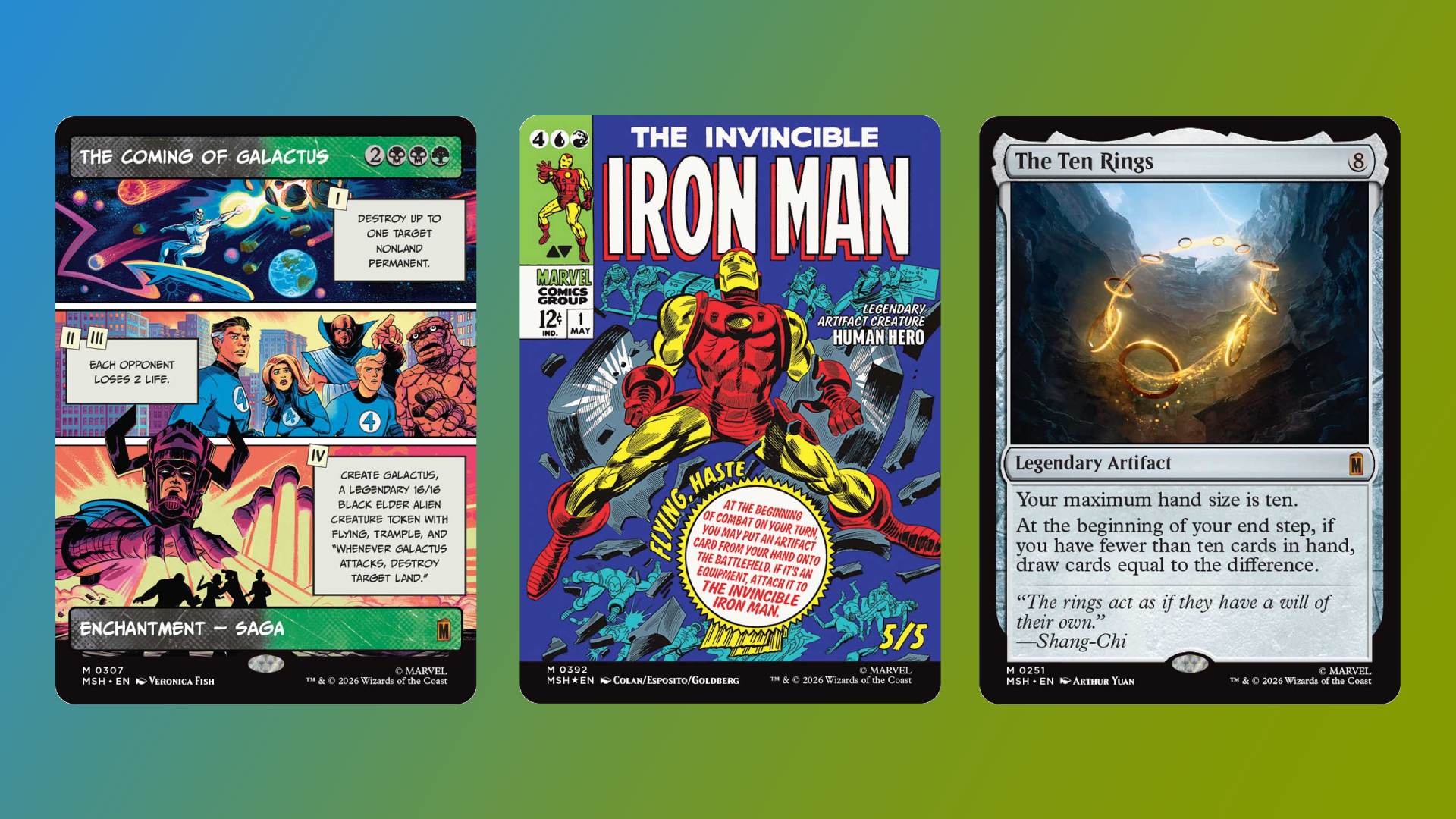 The MtG cards for The Ten Rings, Iron Man and The Coming of Galactus.