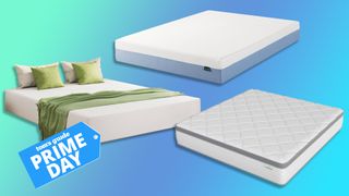 A collage of mattress, clockwise from top: The Zinus Cooling Essential Memory Foam, the Novilla 12" Hybrid and the EGOHOME Memory Foam. A Tom's Guide Prime Day deals badge in the bottom left