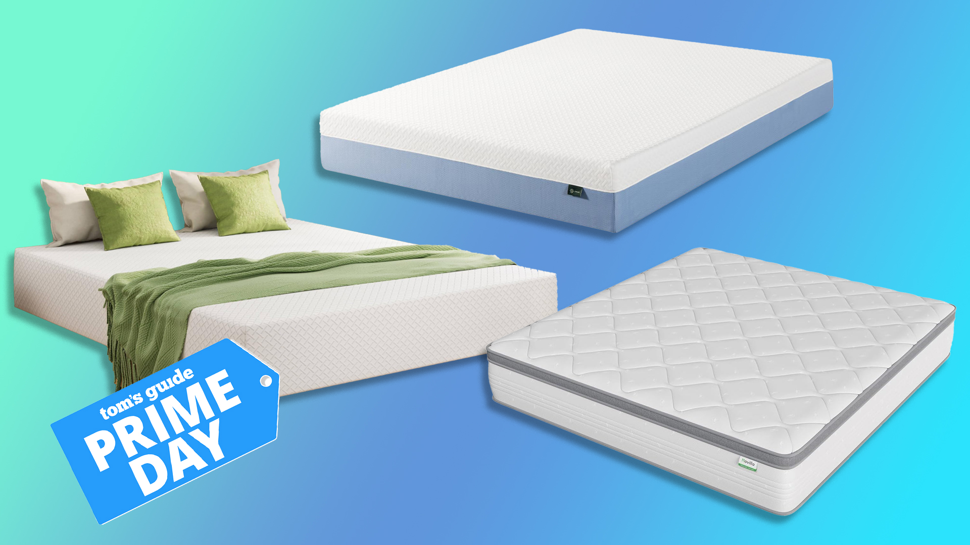 A collage of mattress, clockwise from top: The Zinus Cooling Essential Memory Foam, the Novilla 12" Hybrid and the EGOHOME Memory Foam. A Tom's Guide Prime Day deals badge in the bottom left