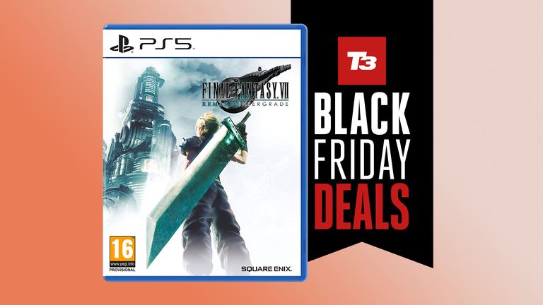 Final Fantasy VII Remake cover and Black Friday logo, red background