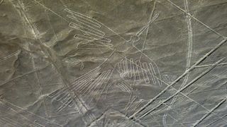 Aerial photo of Nazca lines in Peru. These geoglyphs look like a line drawing of a condor (bird).