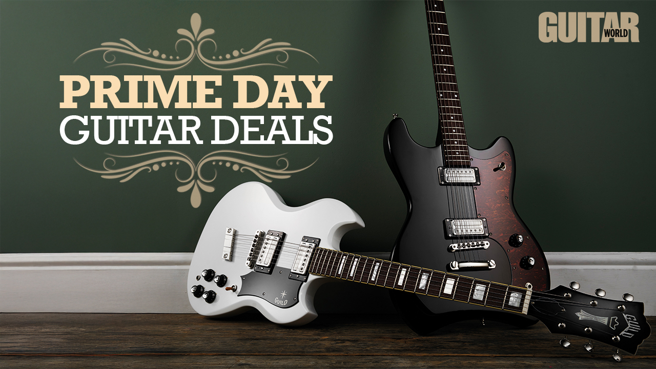 A pair of Guild electric guitars with a logo that reads 'Prime Day Guitar Deals'.
