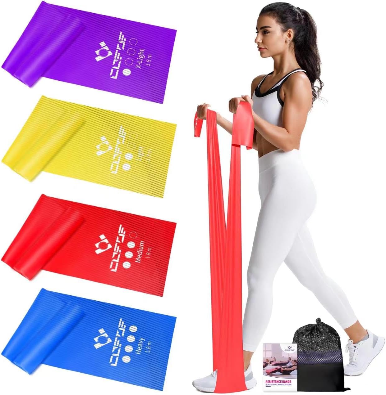 Cofof Resistance Bands, Exercise Band With 4 Resistance Levels,1.8m/5.9ft Long Stretch Bands With Carry Bag &amp;amp; Exercise Guide, Straps for Yoga, Pilates,strength Training