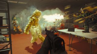Promotional screenshot of players fighting a sticky-note monster in FBC: Firebreak.