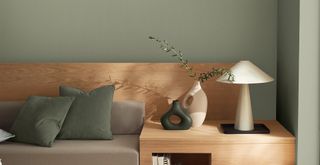 Sage green painted living room with neutral soda with wooden frame