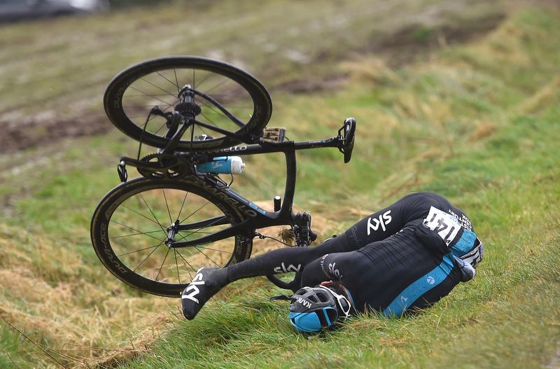 Geraint Thomas (Team Sky) mid-way through his impressive crash at Gent-Wevelgem
