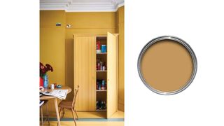 Farrow & Ball India Yellow used all over in a kitchen, next to a pot of the paint