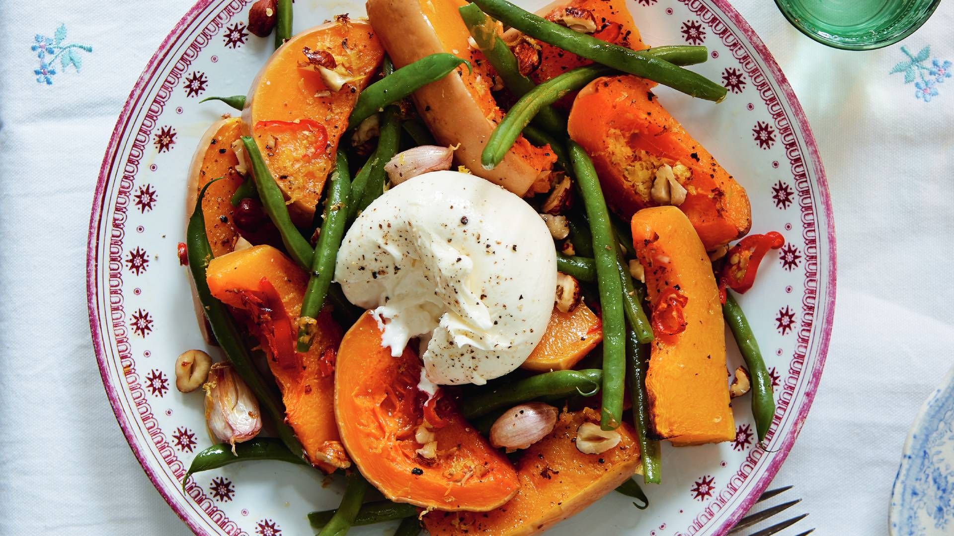 Roast squash, burrata and green bean salad recipe