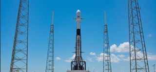 A SpaceX Falcon 9 rocket carrying 46 Starlink internet satellites stands atop SLC-40 at Cape Canaveral Space Force Base in Florida for a launch on Feb. 21, 2022.