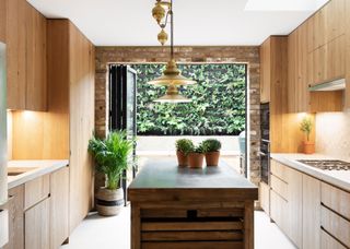 A kitchen with wooden cabinets features all around and a wooden kitchen island with brass pendant lighting hanging above. Plants are placed in different parts of the kitchen to add a pop of color.