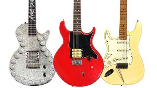 (from left) guitars played by Ace Frehley, George Harrison and Jimi Hendrix