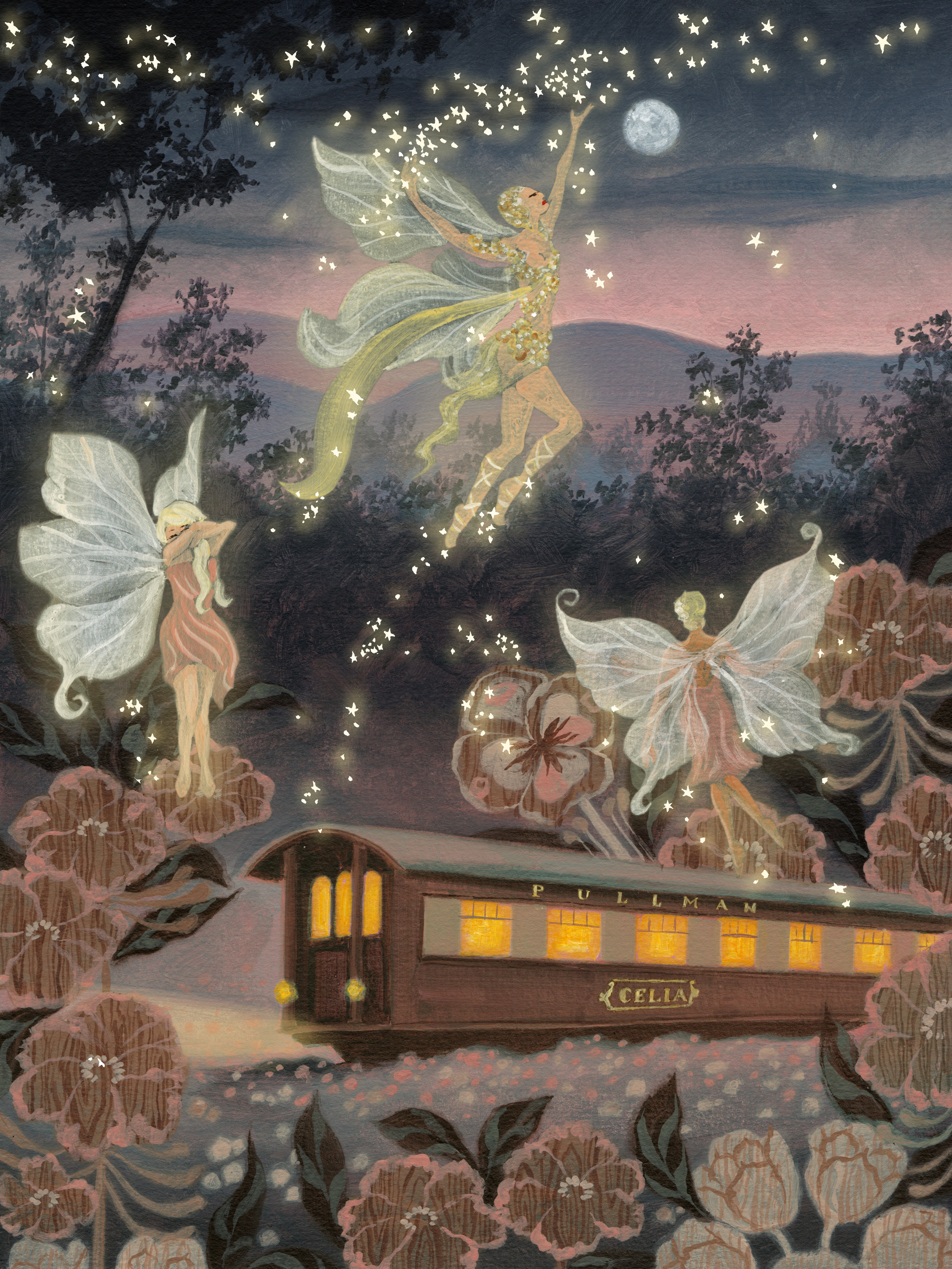 A sketch of a historical train filled with golden light and whizzing through the mountains immersed in nature, surrounded by fairies.
