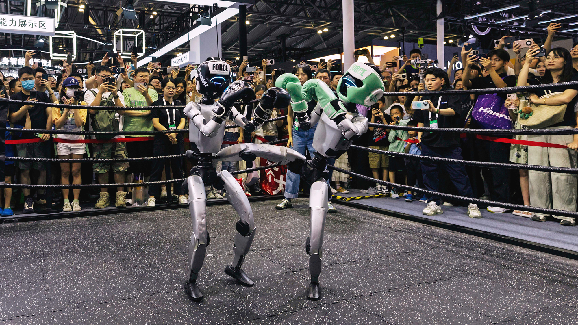 Visitors watch robots fighting during the World Artificial Intelligence Conference in Shanghai, China