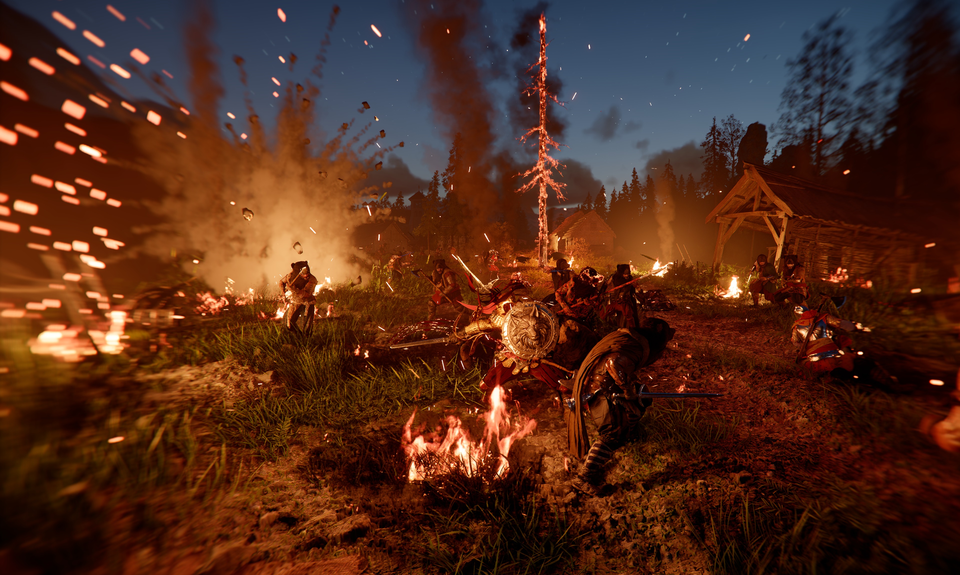 A battle scene in Crimson Desert, with Kliff fighting off ambushers in a burning camp