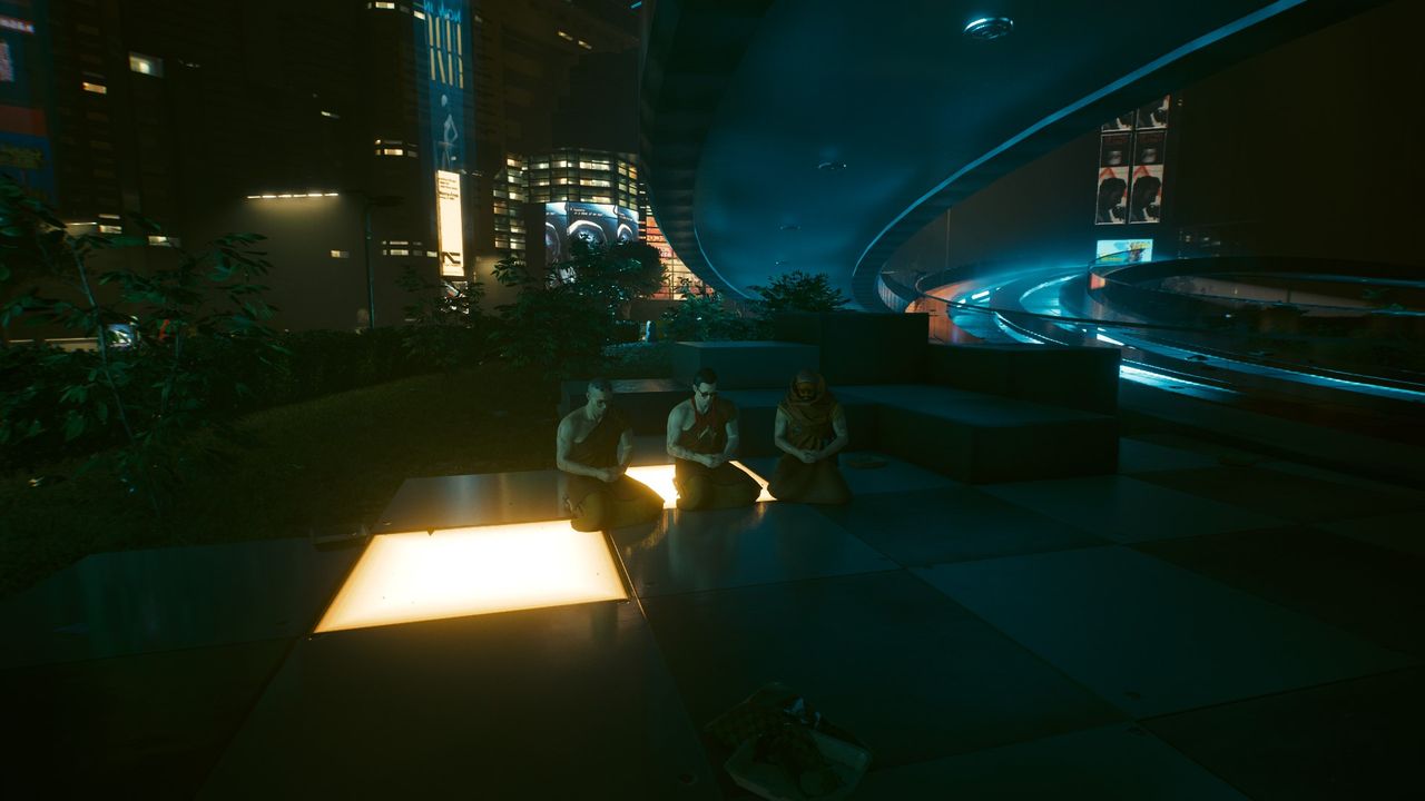 Cyberpunk 2077 Rebecca shotgun - Three meditating monks in the park