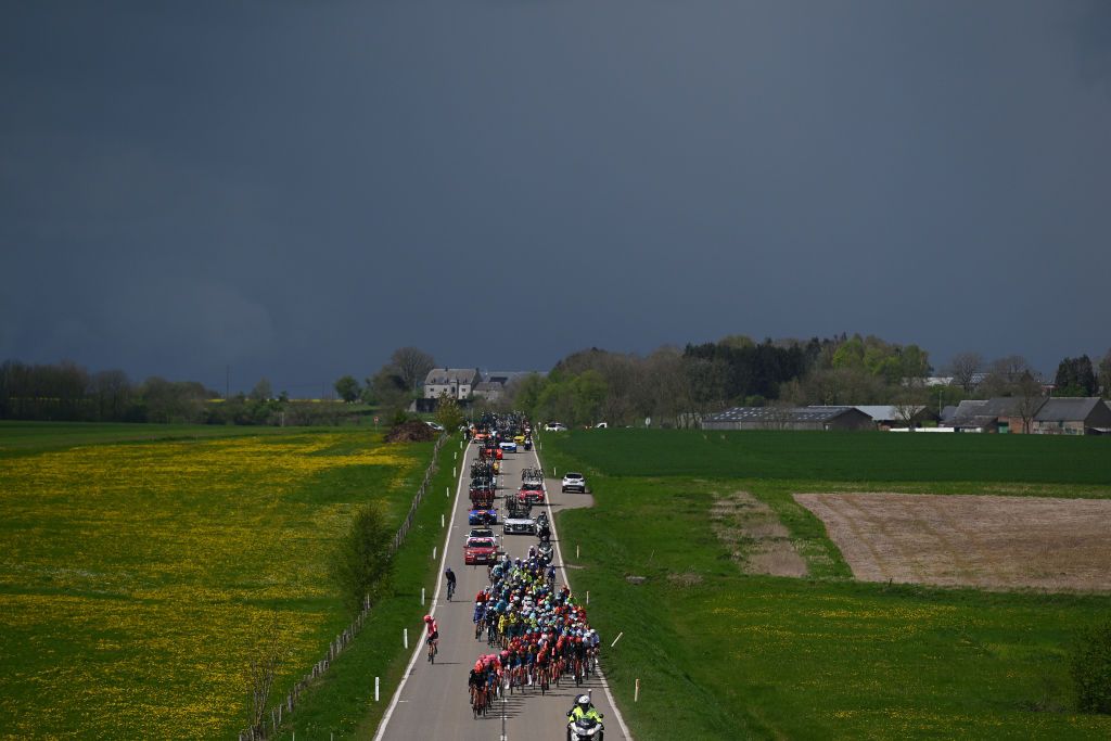 HUY BELGIUM APRIL 17 Sam Oomen of The Netherlands and Team Lidl Trek and Cameron Wurf of Australia and Team INEOS Grenadiers lead the peloton during the 88th La Fleche Wallonne 2024 Mens Elite a 1986km one day race from Charleroi to Huy UCIWT on April 17 2024 in Huy Belgium Photo by Dario BelingheriGetty Images