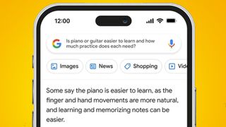 A smartphone on a orange background showing a Google Bard conversation