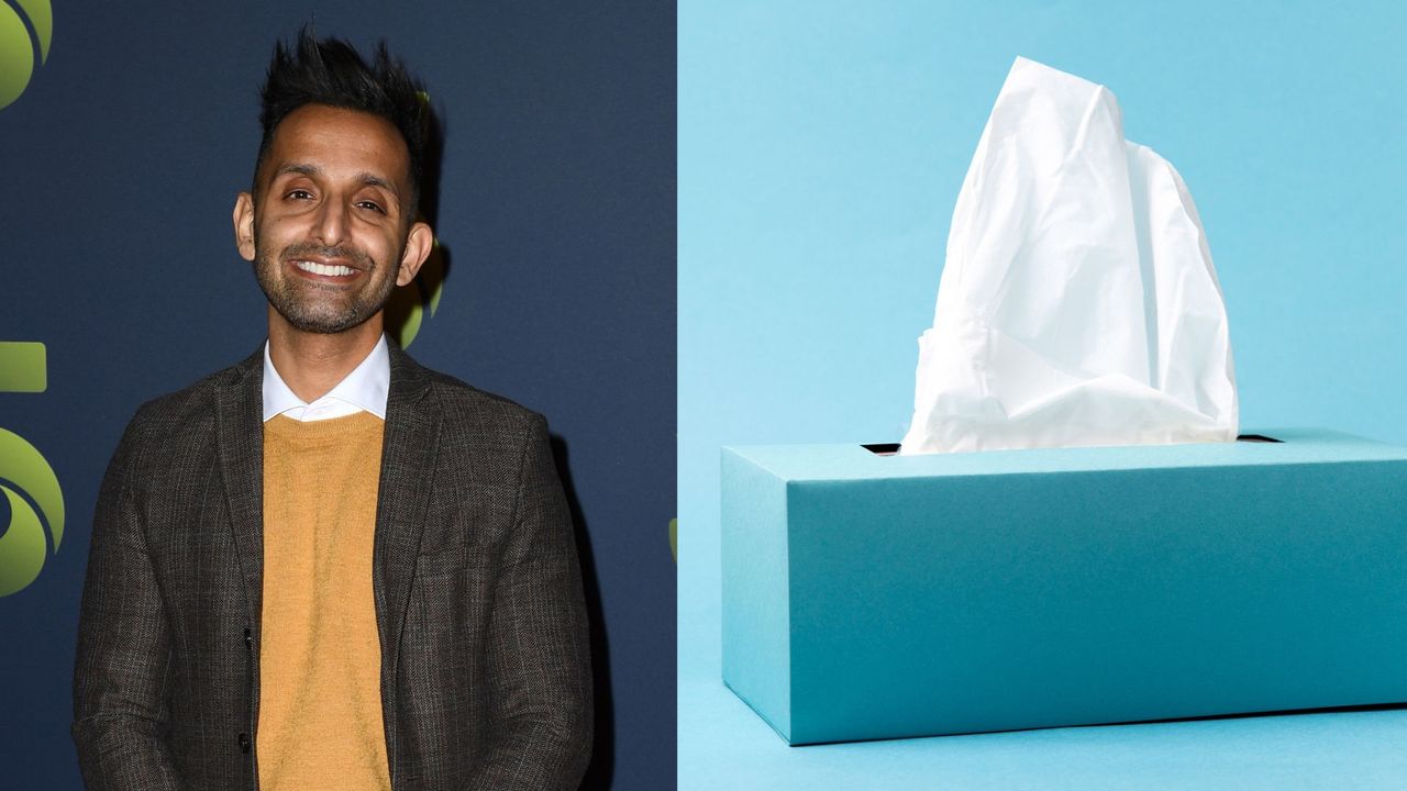 Dr Amir Khan next to concept image of tissue box to represent rise of flu cases in the UK this week