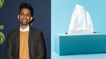 Dr Amir Khan next to concept image of tissue box to represent rise of flu cases in the UK this week