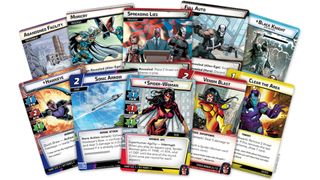 best card games: a selection of Marvel Champions cards featuring superheroes like Spider-Woman