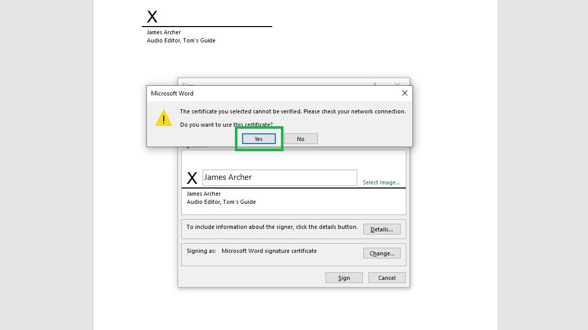 How to sign a Word document step 9: Click Yes
