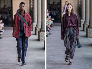 Models wear red jacket, plum shirt and striped trousers at Pal Zileri S/S 2018