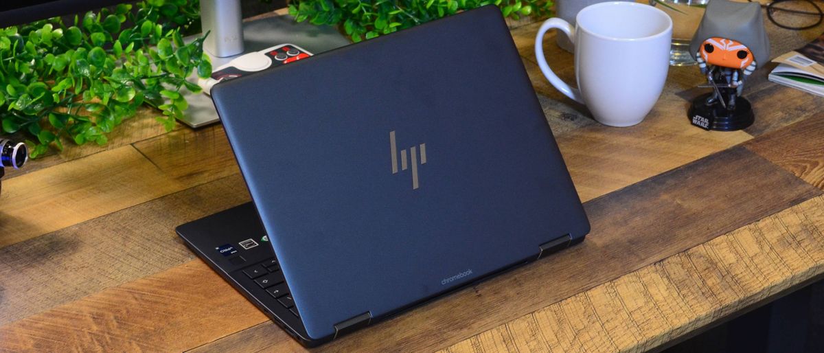 An HP Elite Dragonfly Chromebook on a desk