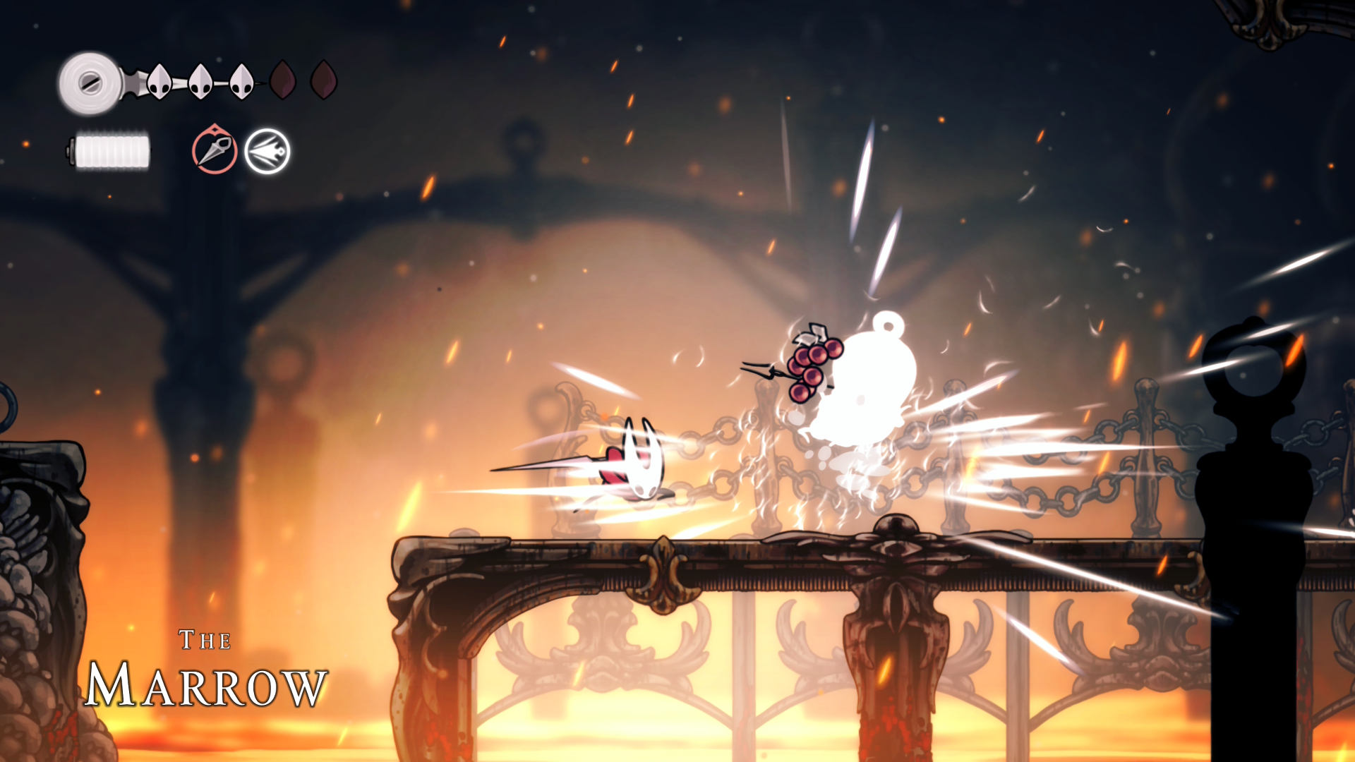 Hornet slashes a bell wearing foe in Hollow Knight: Silksong in The Marrow, near the Deep Docks entrance