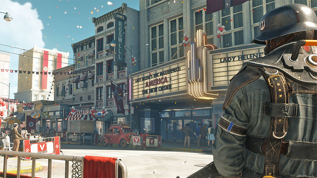 A soldier in Wolfenstein II: The New Colossus looking at an old school theater, some barricades and a few Nazi flags