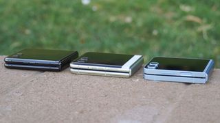 The Motorola Razr Plus 2023 (left), the Razr 2025 (middle), and the Samsung Galaxy Z Flip 6 (right).