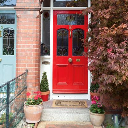 Red front door with acer tree and potted plants