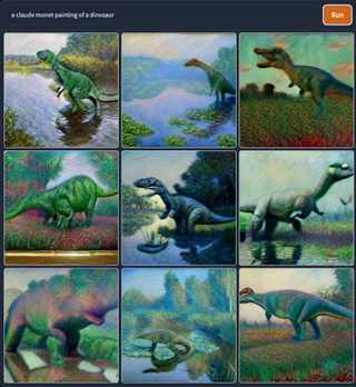 Results from the Dall-E mini: A monet painting of a dinosaur