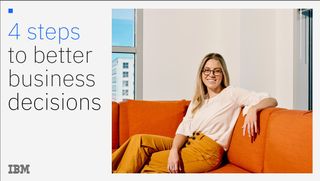 Whitepaper cover with image of a smiling female with glasses sat on an orange sofa