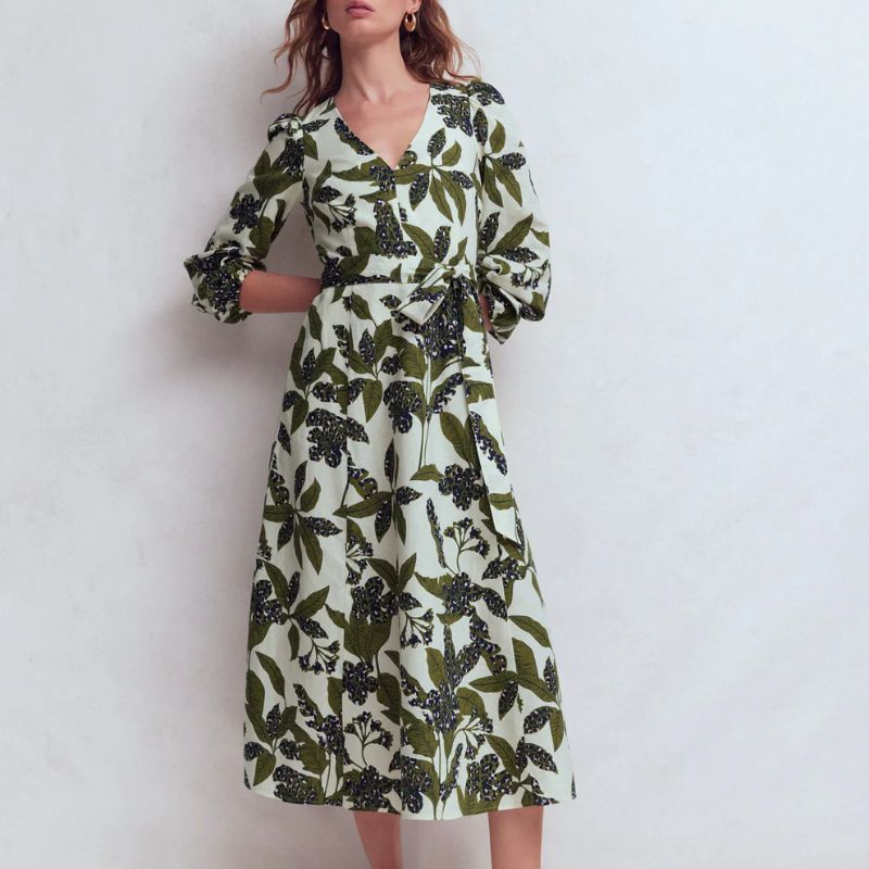 olive and leaf print dress